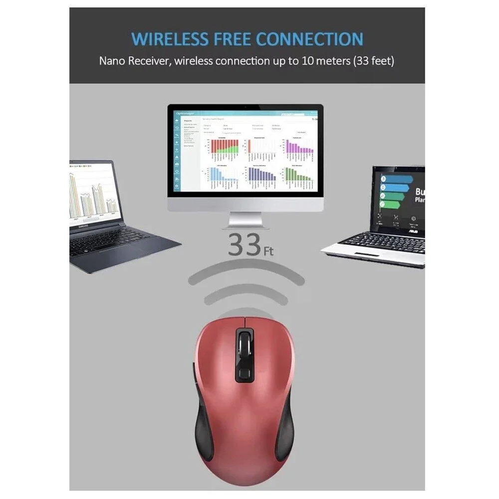 Wireless Mouse Red 2.4G w/ 6D Buttons, ergonomic, smooth Mouse for Laptop PC Mac